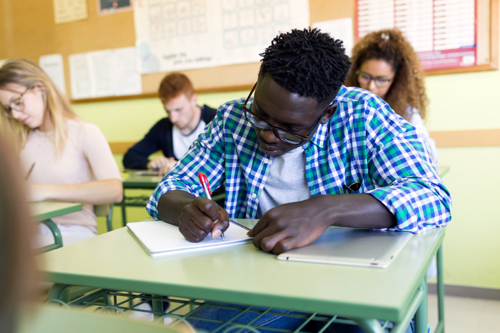 portrait group friends studying university classroom
